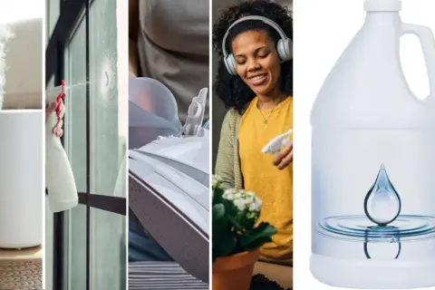 Humidificateur, nettoyage de vitres, remplissage de fer à repasser, arrosage de plantes, et une bouteille d'eau sans minéraux.