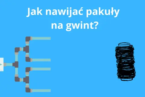 Ilustracja pokazuje, jak nawijać pakuły na gwint, przedstawiając system rur i zwoje materiału uszczelniającego.