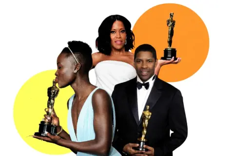 Lupita Nyong'o besa su Oscar, Regina King sonríe y Denzel Washington posa con el suyo. Tres actores negros famosos celebrando sus triunfos.