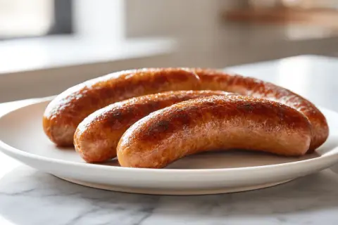 Drei goldbraun gebratene Salsiccia-Würste liegen auf einem weißen Teller. So kann man Salsiccia kochen!