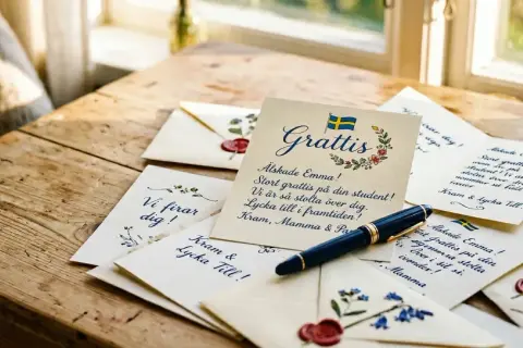 Studentkort med texten "Grattis" och svenska flaggan. Flera kort med lyckönskningar till en student, vad skriver man i studentkort.