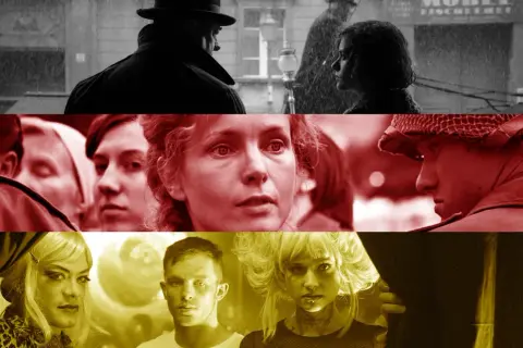 Collage av scener från en tysk serie på SVT. Män och kvinnor i olika miljöer, från regniga gator till närbilder av ansikten.