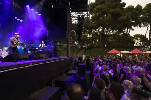 Concierto en un jardín de invierno con pilares de escenario y una multitud disfrutando bajo luces púrpuras.