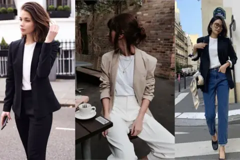 Eleganckie stylizacje z t shirt pod marynarkę: czarny garnitur, beżowa marynarka z białymi spodniami, czarna marynarka z jeansami.