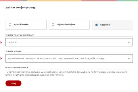 Formularz mBank: wybierz "rachunki", następnie "wypowiedzenie umowy" by dowiedzieć się jak zamknąć konto w mBank.