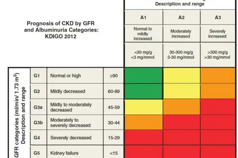 Tabela KDIGO 2012: prognoza PChN wg GFR i albuminurii. Badanie GFR jest kluczowe.