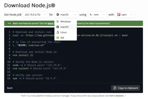 Interface de téléchargement de Node.js avec options pour macOS, Windows, Linux, AIX et un aperçu du code.