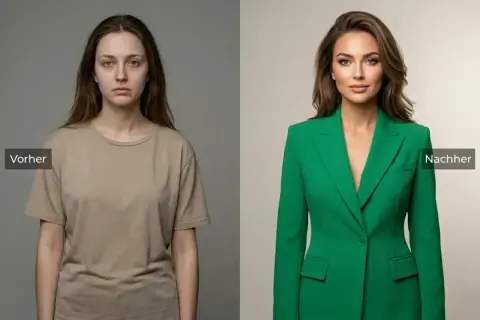 Vorher/Nachher-Vergleich: Eine Frau in einem einfachen T-Shirt wird durch eine professionelle Typberatung Kleidung in einem eleganten grünen Blazer verwandelt.