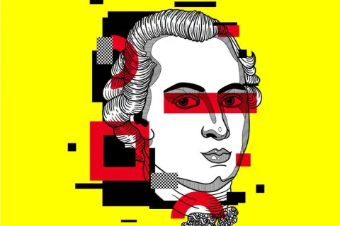 Portret z geometrycznymi elementami, jakby z wizji sądu ostatecznego. Czerwone pasy na oczach i czarno-biała szachownica dodają dramatyzmu.