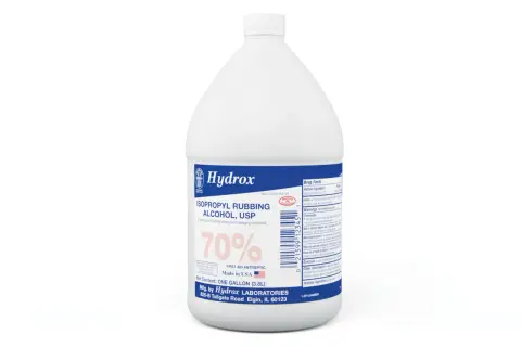 Duży, biały kanister z etykietą Hydrox, zawierający alkohol 70 procent. Idealny do pierwszej pomocy.