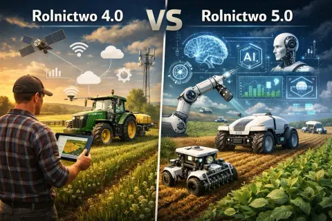 Rolnictwo 4.0: rolnik z tabletem steruje traktorem, satelita i Wi-Fi. Rolnictwo 5.0: robotyzacja, AI, autonomiczne maszyny.