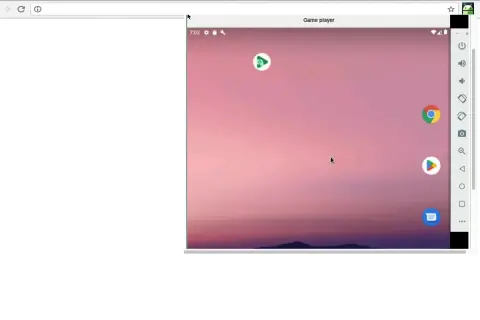 Ventana de navegador con un emulador Android online. Muestra la pantalla de inicio de un dispositivo Android con iconos de aplicaciones y un fondo de cielo rosado.