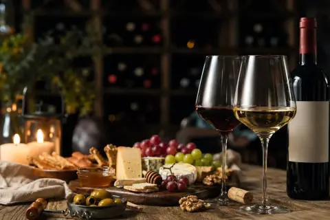 Degustacja najlepszych win: kieliszki z czerwonym i białym winem, deska serów, winogrona, oliwki i świece tworzą nastrojową atmosferę.