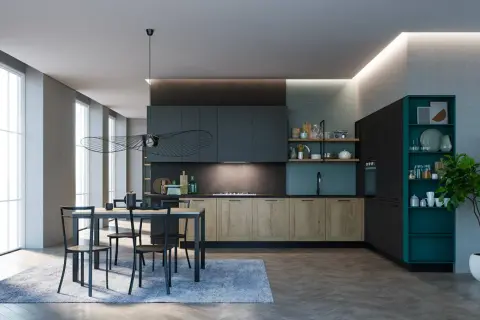 Elegante cucina ottanio e legno con isola centrale, tavolo da pranzo e illuminazione moderna.