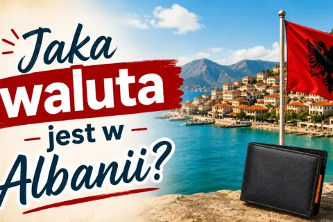 Jaka waluta jest w Albanii? Czarny portfel na tle malowniczego wybrzeża i flagi Albanii.