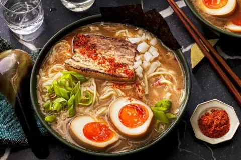 A miska pełna aromatycznego ramen co to jest? Makaron, jajko na pół, kawałek mięsa i szczypiorek w bulionie.