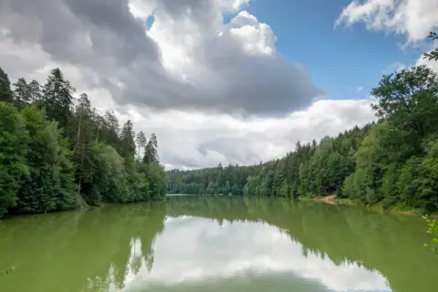 Idyllischer Herrenbachstausee, perfekt zum Angeln. Grüne Wälder spiegeln sich im ruhigen Wasser unter dramatischen Wolken.