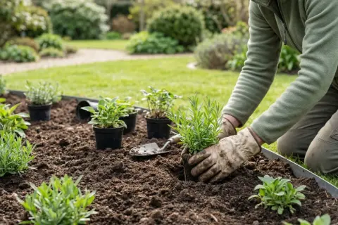 Gärtner legt mit Handschuhen und kleiner Schaufel ein Staudenbeet an, pflanzt junge Lavendel- und Kräuterpflanzen in die vorbereitete Erde.