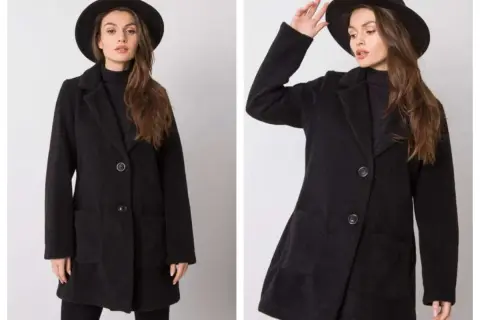 Elegancki czarny płaszcz z kapeluszem. Stylowe czarny płaszcz stylizacje na co dzień i wieczór.