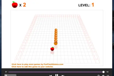 A 3D worm game, likely a .swf file for Mac, shows a segmented orange worm on Level 1, with two apples collected.