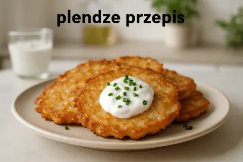 Złociste plendze z kleksem śmietany i szczypiorkiem, obok szklanka mleka. Idealne na szybki obiad.