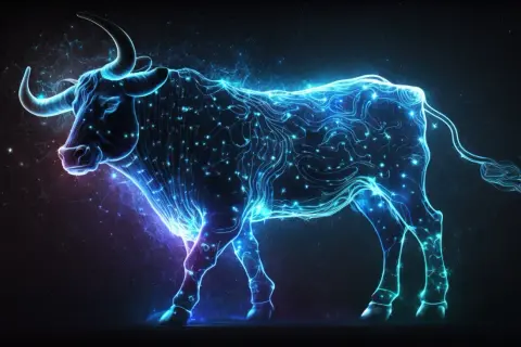 Byk z neonowych linii i gwiazd, symbolizujący 24.04 znak zodiaku.