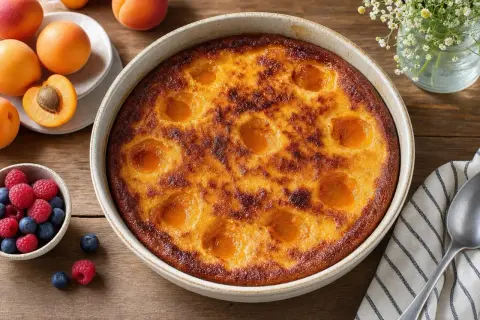 Un délicieux flan aux abricots, doré et appétissant, entouré de fruits frais et d'une touche florale.