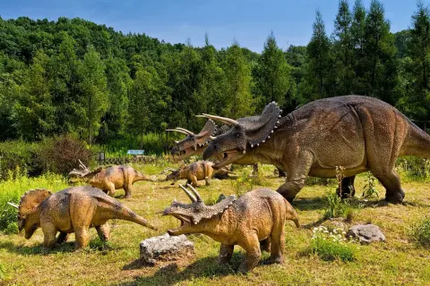 Stado triceratopsów na tle lasu – to atrakcja największego muzeum dinozaurów w Polsce.