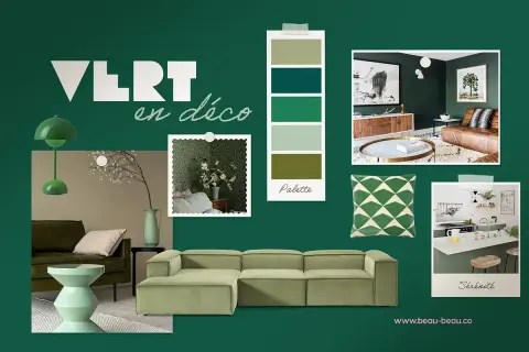 Ambiance "Vert en déco" explorant diverses nuances de vert : canapé, coussin, palette de couleurs, papier peint, lampe et cuisine.