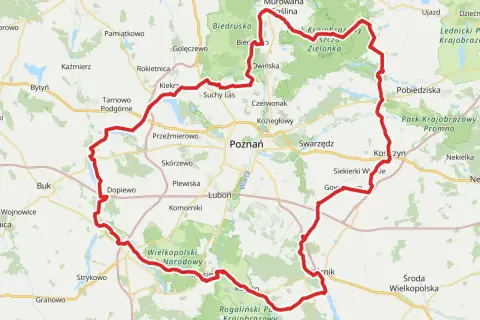 Mapa z zaznaczonymi trasami rowerowymi wokół Poznania, prowadzącymi przez tereny zielone i malownicze krajobrazy.