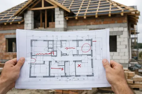 Kierownik budowy analizuje projekt domu w budowie, zaznaczając czerwonymi symbolami jakie zmiany w projekcie może wprowadzić.