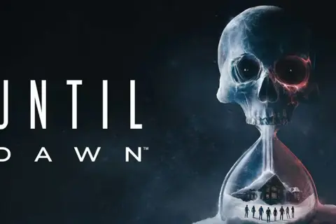 Grafika gry Until Dawn. Czas gry ucieka, gdy czaszka-klepsydra z domkiem i ludzikami w środku symbolizuje grozę.