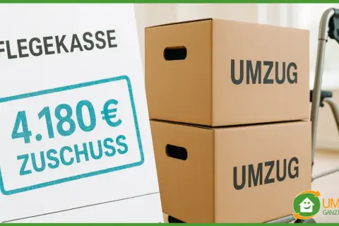 Pflegekasse zeigt 4.180€ Zuschuss. Umzugskosten bei Pflegegrad 3 werden so erleichtert. Umzugskartons und ein Rollator sind zu sehen.