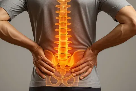 Mann mit schmerzhaftem Rücken, dessen Wirbelsäule orange leuchtet, was auf aktivierte Osteochondrose hindeutet.