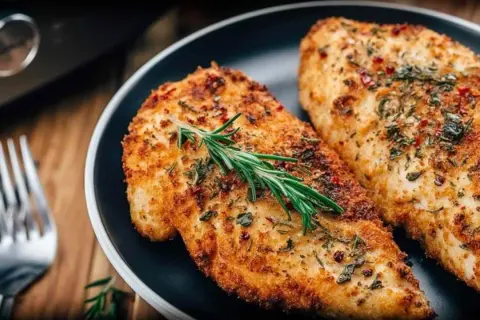 Dwa soczyste **piersi z kurczaka air fryer**, przyprawione ziołami i podane z gałązką rozmarynu. Idealne na szybki obiad.