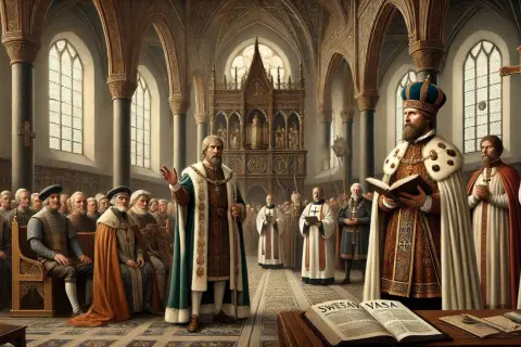 Kung Gustav Vasa läser ur en bok i en kyrka, omgiven av präster och adelsmän. Scenen skildrar reformationen i Sverige.