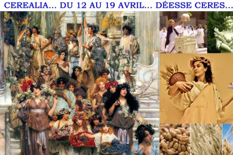Exposé sur Déméter, déesse des moissons, avec des scènes de fête, des statues et des épis de blé.
