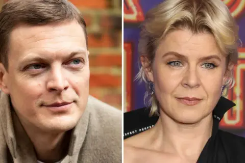 En man med blå ögon och en kvinna med blont hår, möjligen Robyn och hennes partner, i en collage.