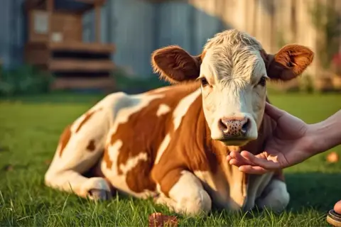 Une vache miniature d'élevage, au pelage brun et blanc, se repose sur l'herbe. Une main caresse doucement sa tête.