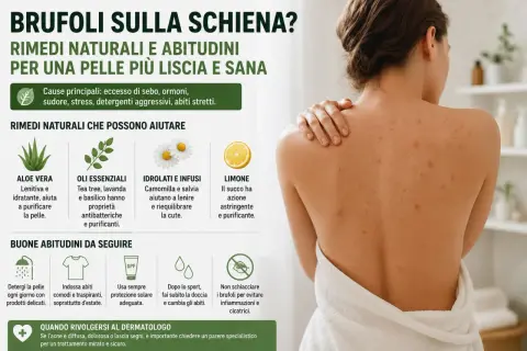 Schiena con brufoli, cause comuni come sebo e ormoni. Rimedi naturali e buone abitudini per una pelle più liscia.