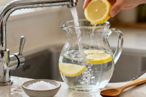 Une main ajoute une tranche de citron dans une carafe d'eau, une astuce pour comment adoucir l'eau. Sel et cuillère en bois à proximité.