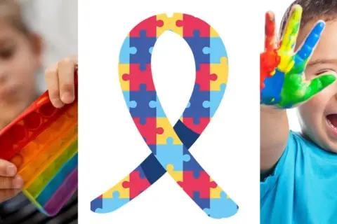 Dziecko bawi się kolorową zabawką, symbol wstążki z puzzli i radosny maluch z pomalowanymi dłońmi. Obrazek symbolizuje choroba spektrum.