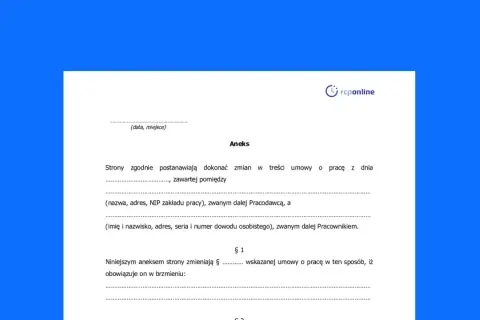 Dokument "Aneks" do umowy o pracę, zawierający dane stron i postanowienia zmian.