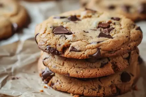 En stapel chokladchips-cookies, perfekta för ett enkelt cookies recept.