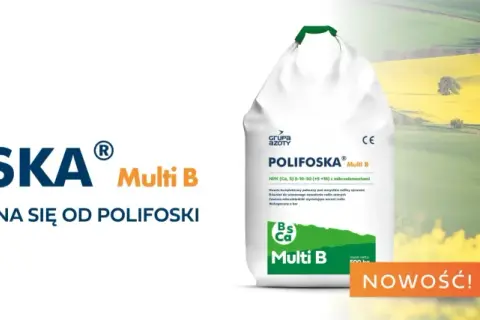 Worek nawozu Polifoska Multi B na tle kwitnącego pola rzepaku. Wysoki plon zaczyna się od Polifoski.