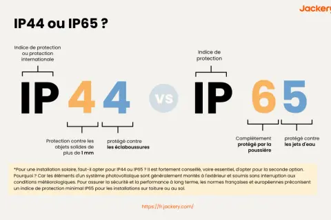 Comparaison des indices de protection IP44 et IP65. Le signification IP65 indique une protection totale contre la poussière et les jets d'eau.