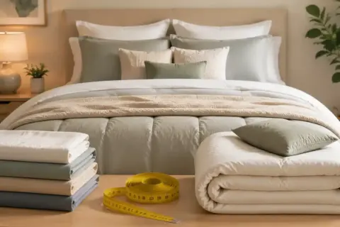 Neatly folded sheets in various colors are displayed next to a measuring tape, hinting at the twin sheet size. A made bed with a light green comforter and decorative pillows is in the background.