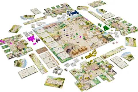 Brettspiel "La Granja Deluxe" mit vielen Komponenten: Spielbrett, Karten, Holzfiguren und mehr.