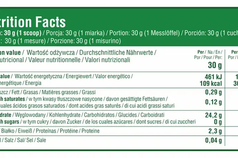 Tabela wartości odżywczych kleiku ryżowego: 100g zawiera 362 kcal. Porcja 30g to 109 kcal.