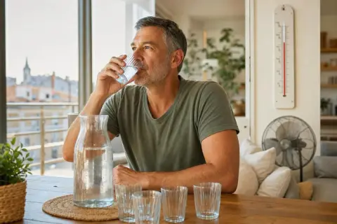Face à la canicule, cet homme boit de l'eau pour se rafraîchir. Une carafe et des verres sont sur la table.